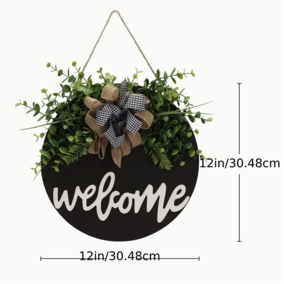 Welcome Sign Rustic Farmhouse Front Door Wreath Buffalo Plaid Check Black White - Picture 3 of 10